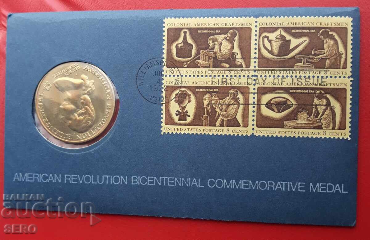 USA-medal-200 years USA 1972 and postage stamps in commemorative envelope