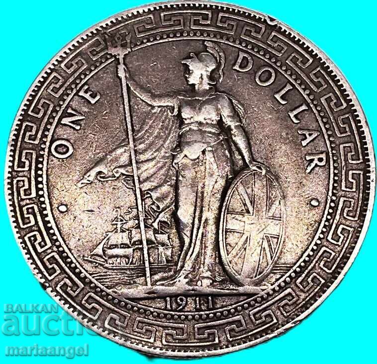 1 Долар 1911 Великобритания Хонг-Конг Търговски долар сребр - 7