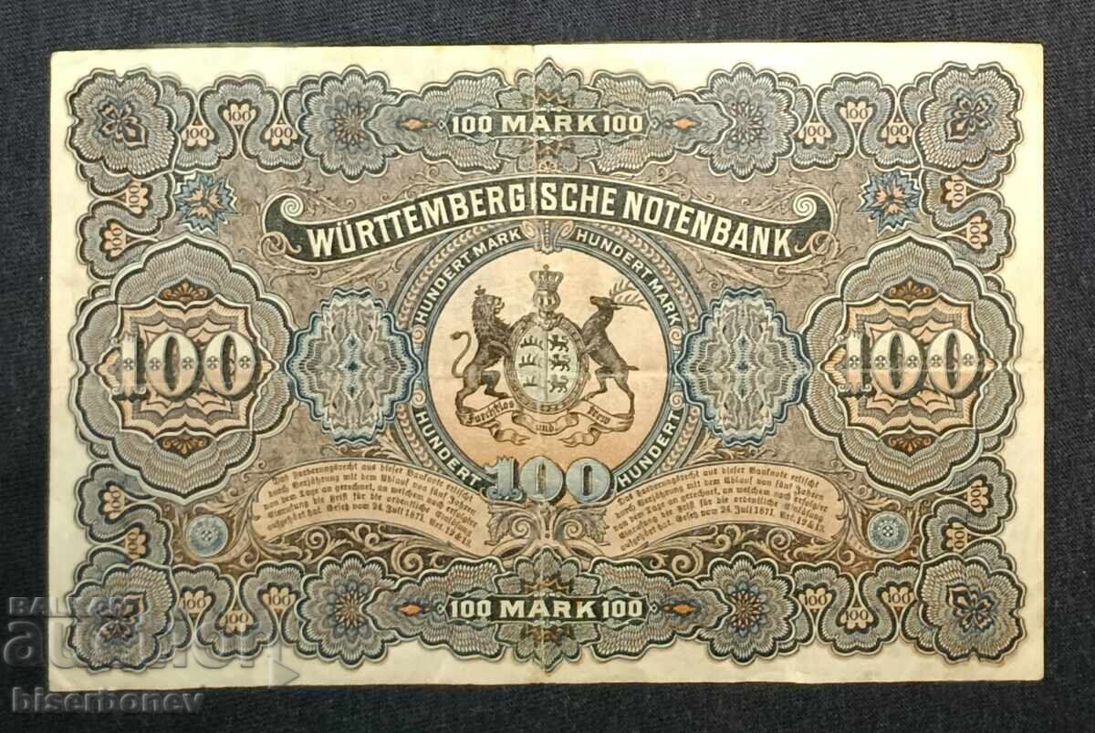 Germania, 100 mărci Württemberg, 1911, VF cu preț € 14.00 | 27.38 BGN