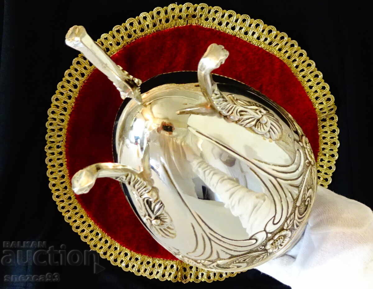 Vază din cupru argintat pe piciorușe 870 g, Art Nouveau - 6