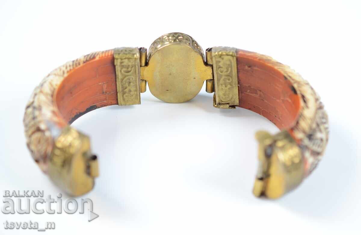 Auction  Vintage bone bracelet with brass fittings and oval stone
