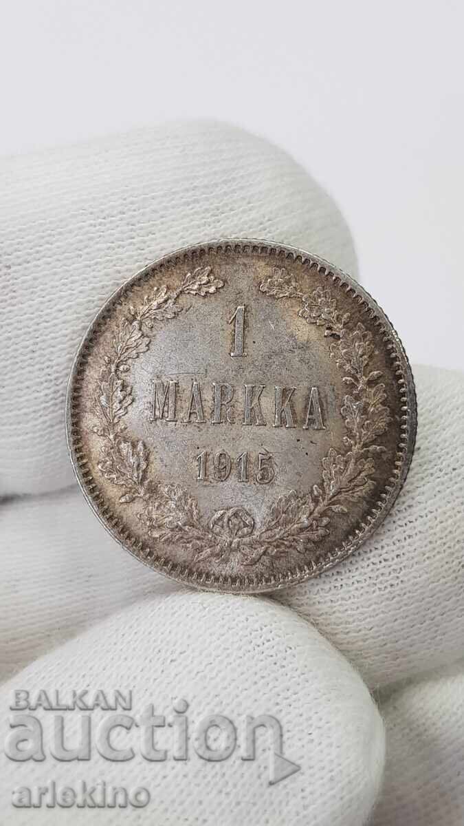 Παράδοση Υπέροχο ασημένιο νόμισμα 1 MARKKA 1915 Ρωσία - Φινλανδία