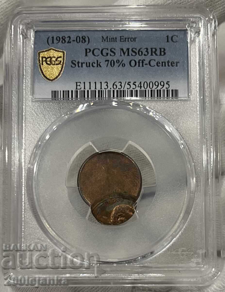 1 cent (1982-08) MS63RB eroare de monetărie PCGS