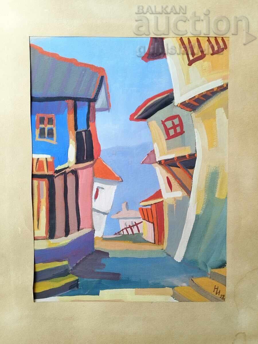 Painting, landscape, Nessebar, artist N. I., 1958 Painting, landscape, Nessebar, artist N. I., 1958