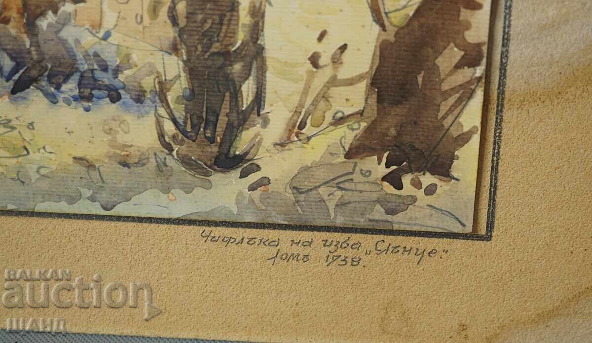 Livrarea 1938 Tablou de autor acuarelă Ferma la soare Semnat