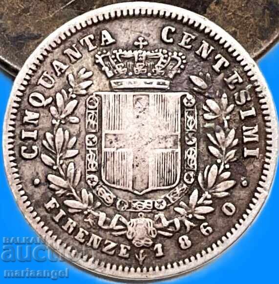 50 чентесими 1860 Италия F - Флоренция сребро с цена € 45.00 | 88.01 лв.
