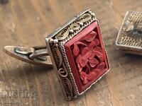 Antique Chinese Cufflinks / Cinnabar Silver Filigree Brass