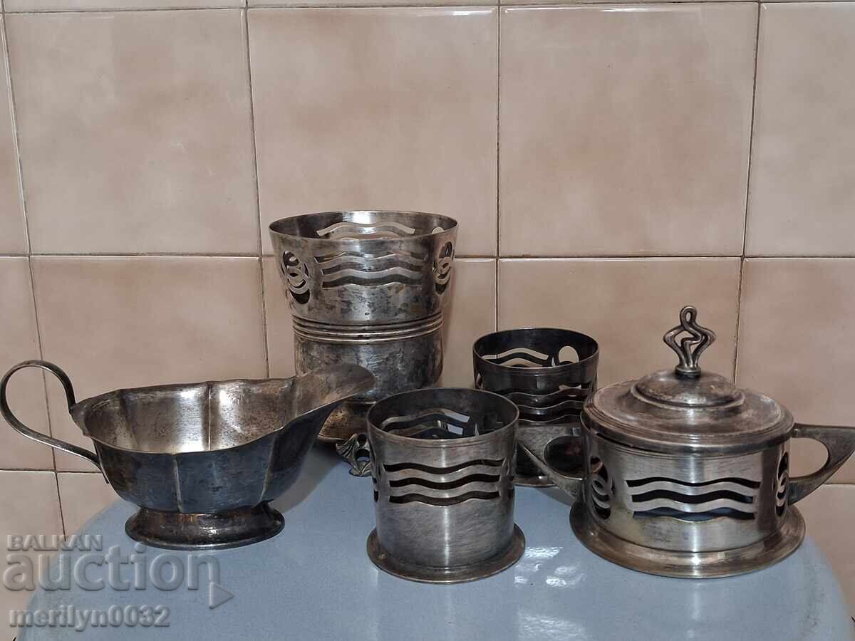 Παλιό επαργυρωμένο σερβίτσιο, ζαχαριέρα, παγοθήκη, 2 ποτήρια, σαλτσιέρα