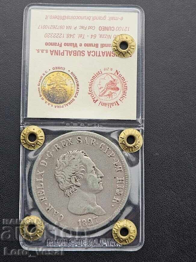 Regatul Piemont-Sardinia 5 Lire 1827 P (Genova) cu preț € 130.00 | 254.26 BGN Regatul Piemont-Sardinia 5 Lire 1827 P (Genova) cu preț € 130.00 | 254.26 BGN