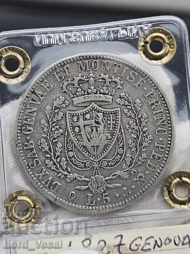 Regatul Piemont-Sardinia 5 Lire 1827 P (Genova) - 5 Regatul Piemont-Sardinia 5 Lire 1827 P (Genova) - 5