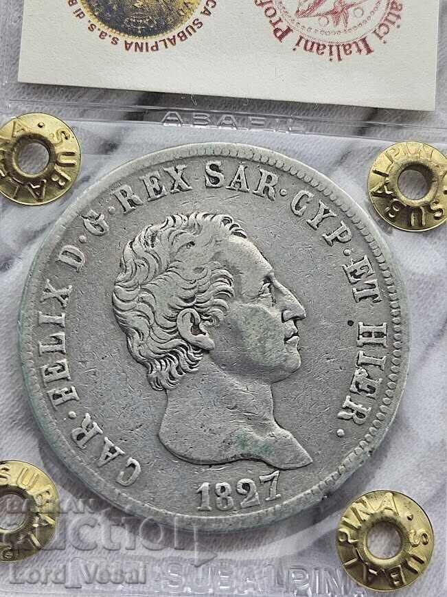 Regatul Piemont-Sardinia 5 Lire 1827 P (Genova) - 6 Regatul Piemont-Sardinia 5 Lire 1827 P (Genova) - 6