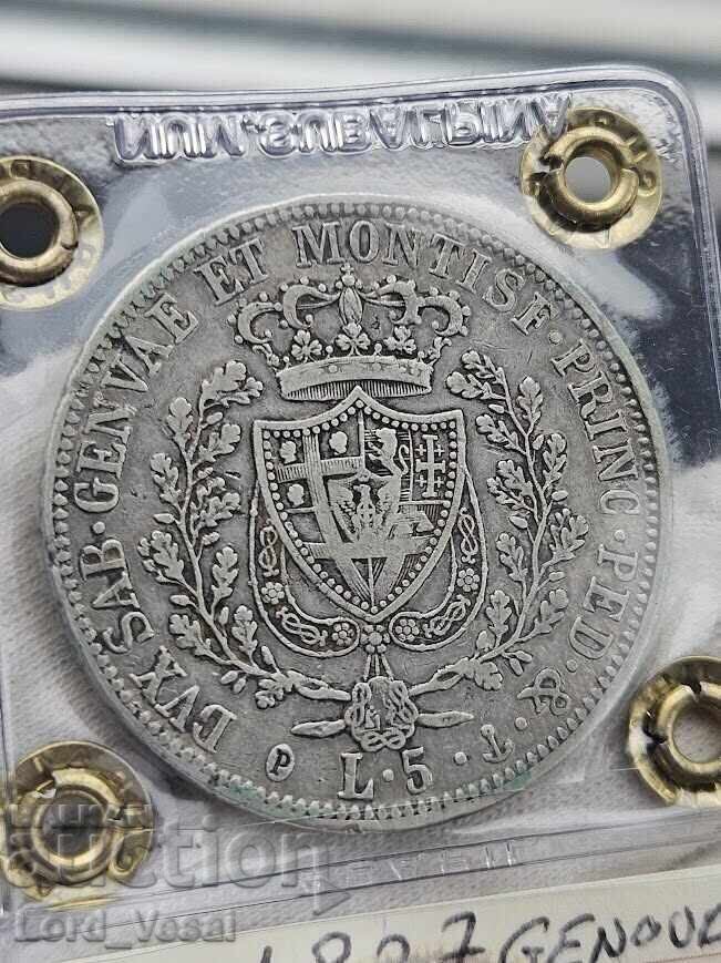 Regatul Piemont-Sardinia 5 Lire 1827 P (Genova) - 7 Regatul Piemont-Sardinia 5 Lire 1827 P (Genova) - 7