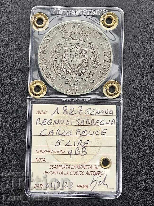 Regatul Piemont-Sardinia 5 Lire 1827 P (Genova) Regatul Piemont-Sardinia 5 Lire 1827 P (Genova)