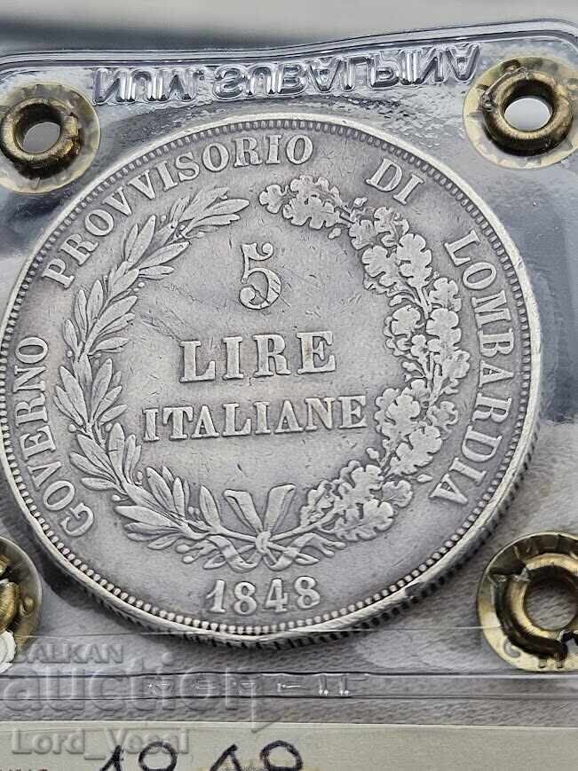 Auction  Kingdom of Lombardy 5 Lire 1848 M