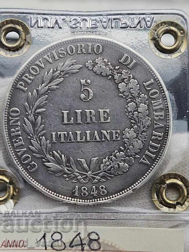 Kingdom of Lombardy 5 Lire 1848 M - 5