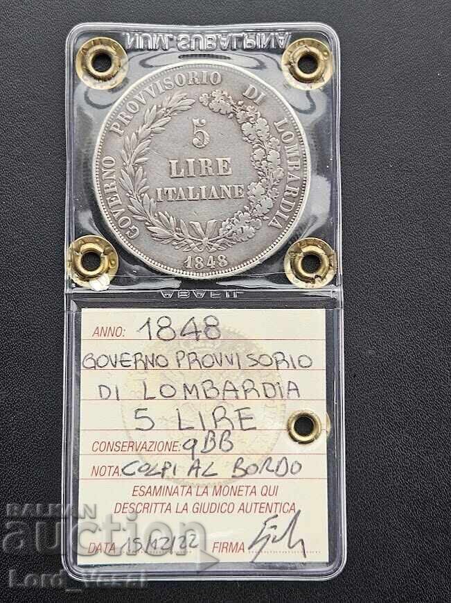 Kingdom of Lombardy 5 Lire 1848 M