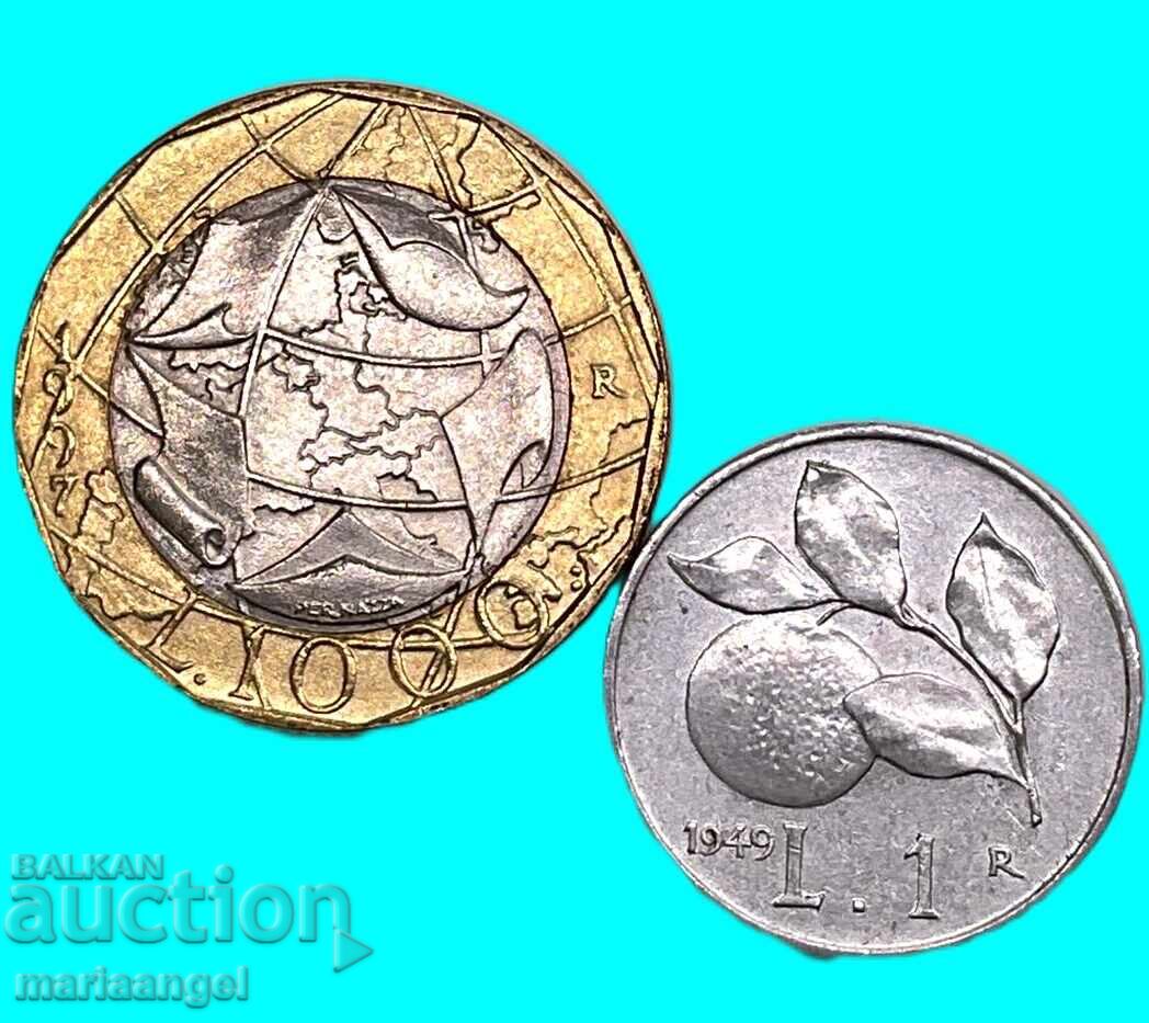 Италия 1000 Лири 1997 + 1 Лира 1949 - 6 Италия 1000 Лири 1997 + 1 Лира 1949 - 6