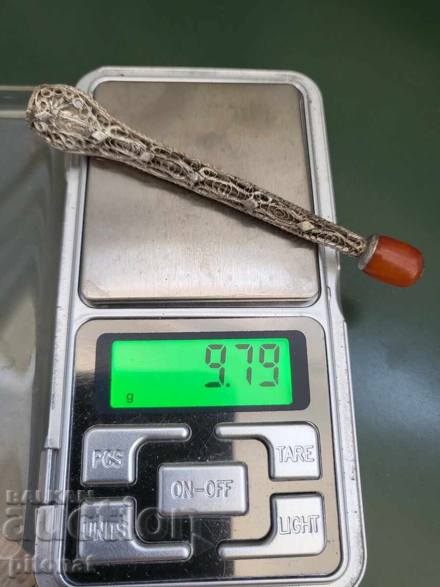 Антикварно сребърно цигаре с кехлибар - 6 Антикварно сребърно цигаре с кехлибар - 6
