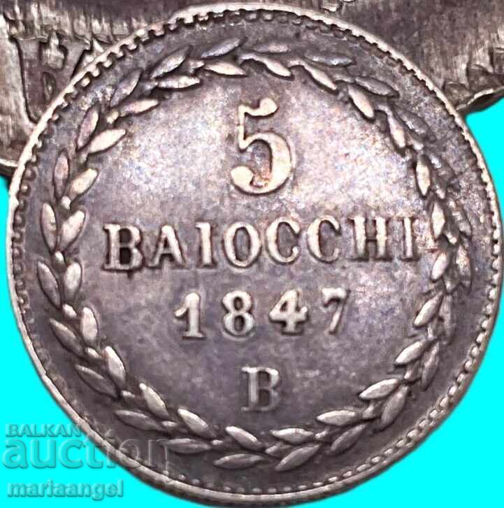 Δημοπρασία 5 Baiocchi 1847 Βατικανό Pius IX. 1846-1878 ασήμι Πατίνα