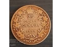 Παλιό ασημένιο νόμισμα Καναδά 25 Cents 1909