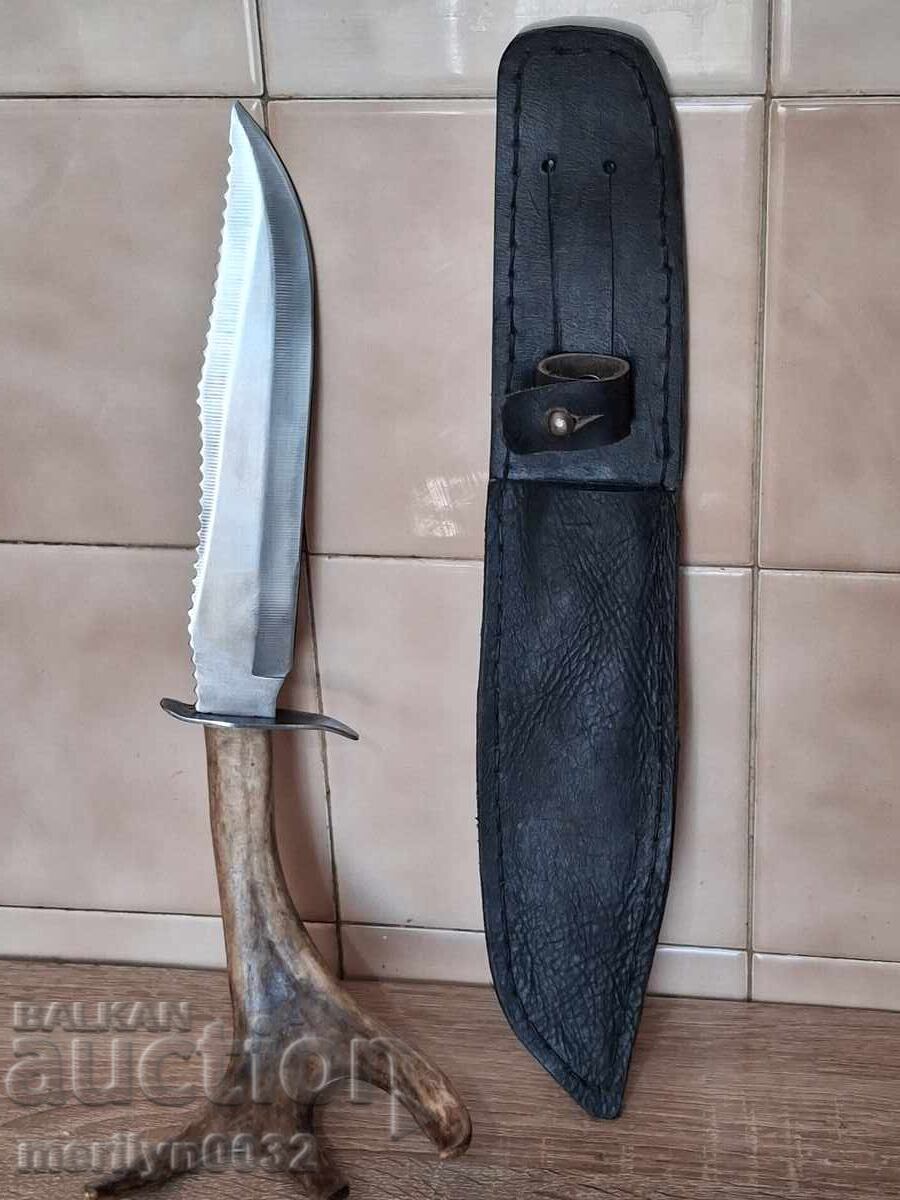 Δημοπρασία Κυνηγετικό μαχαίρι με θήκη, λαβή από κέρατο ελαφιού ΜΟΝΑΔΙΚΟ
