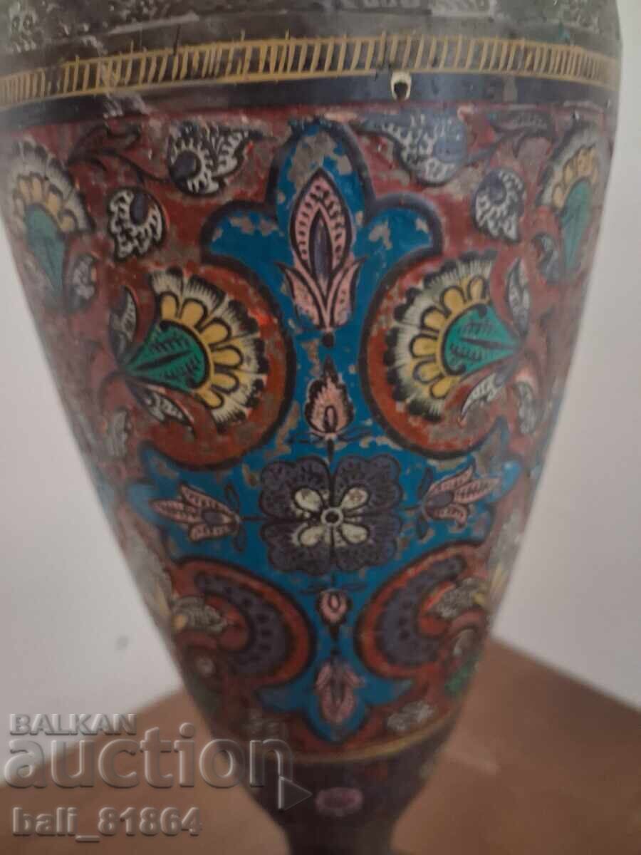 Vază indiană antică din alamă, lucrată și pictată manual - 5
