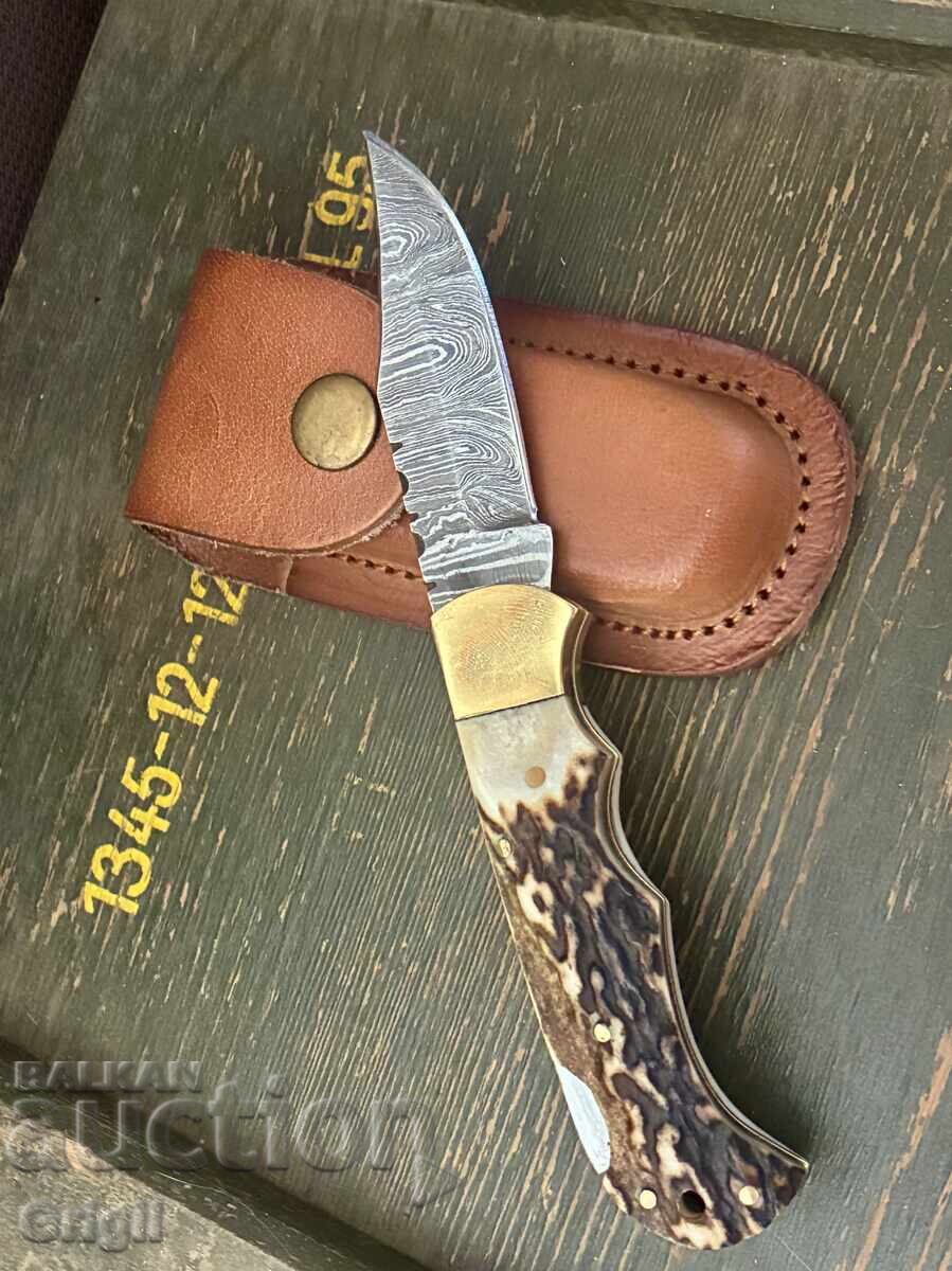 Pocket folding knife deer antler and Damascus steel with price € 45.00 | 88.01 BGN