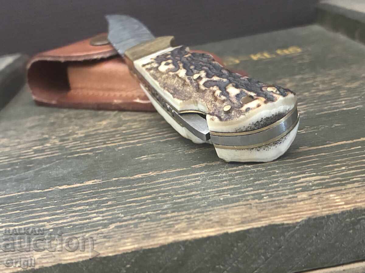 Auction  Pocket folding knife deer antler and Damascus steel
