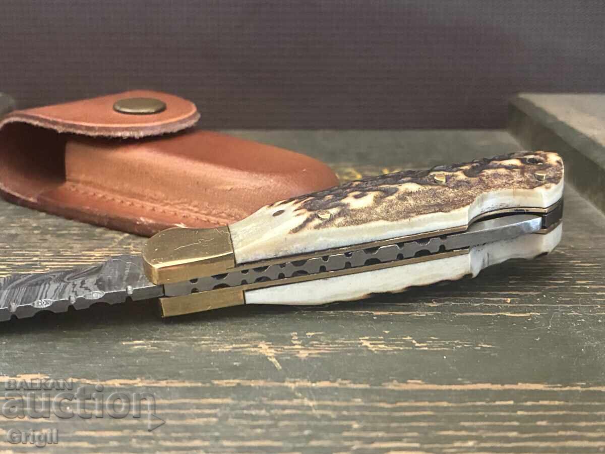 Pocket folding knife deer antler and Damascus steel - 5