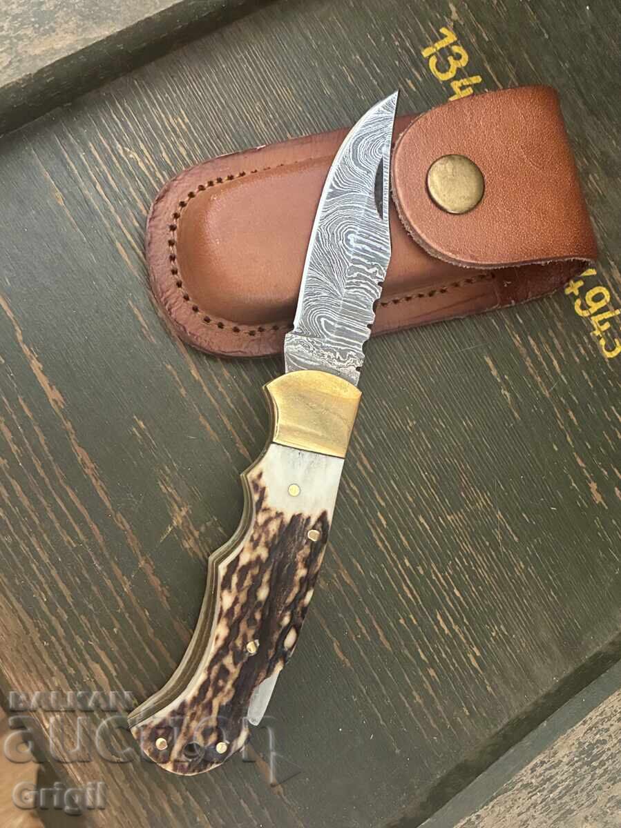 Pocket folding knife deer antler and Damascus steel
