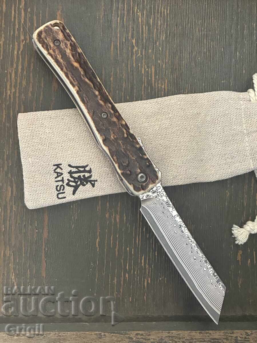 Японски джобен сгъваем нож Katsu. Еленов рог , дамаска стома с цена € 110.00 | 215.14 лв.