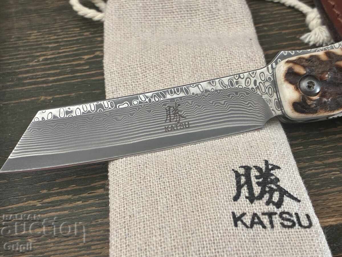 Японски джобен сгъваем нож Katsu. Еленов рог , дамаска стома - 5