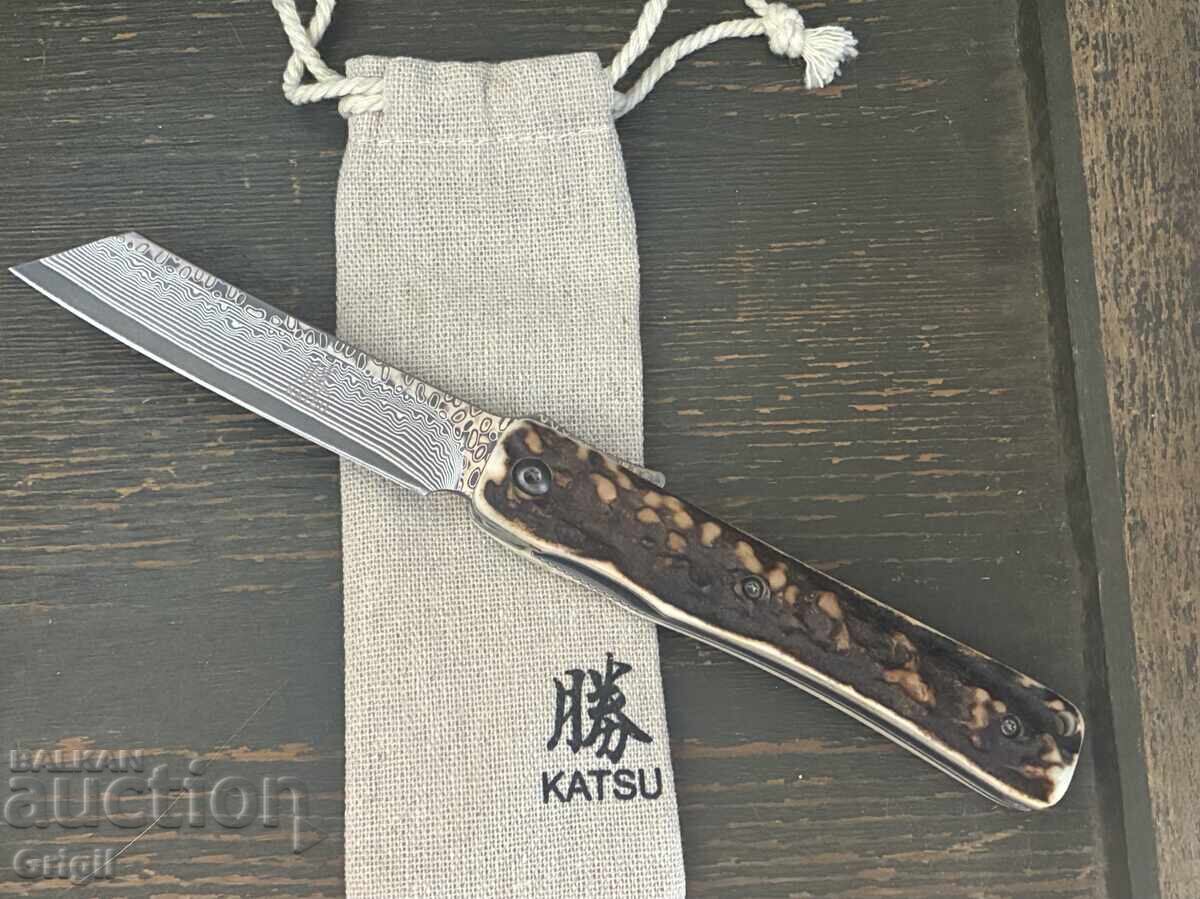 Японски джобен сгъваем нож Katsu. Еленов рог , дамаска стома
