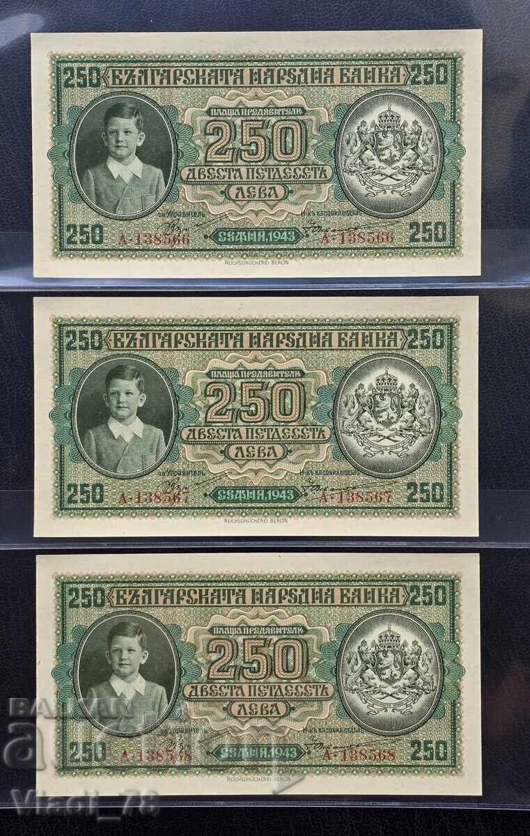 3 X 250 leva Bulgaria 1943 Seria A UNC