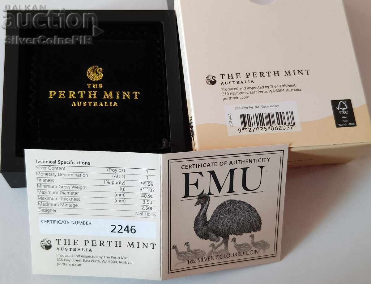 Silver 1 Oz Emu Colored 2026 Australia with price € 37.00 | 72.37 BGN