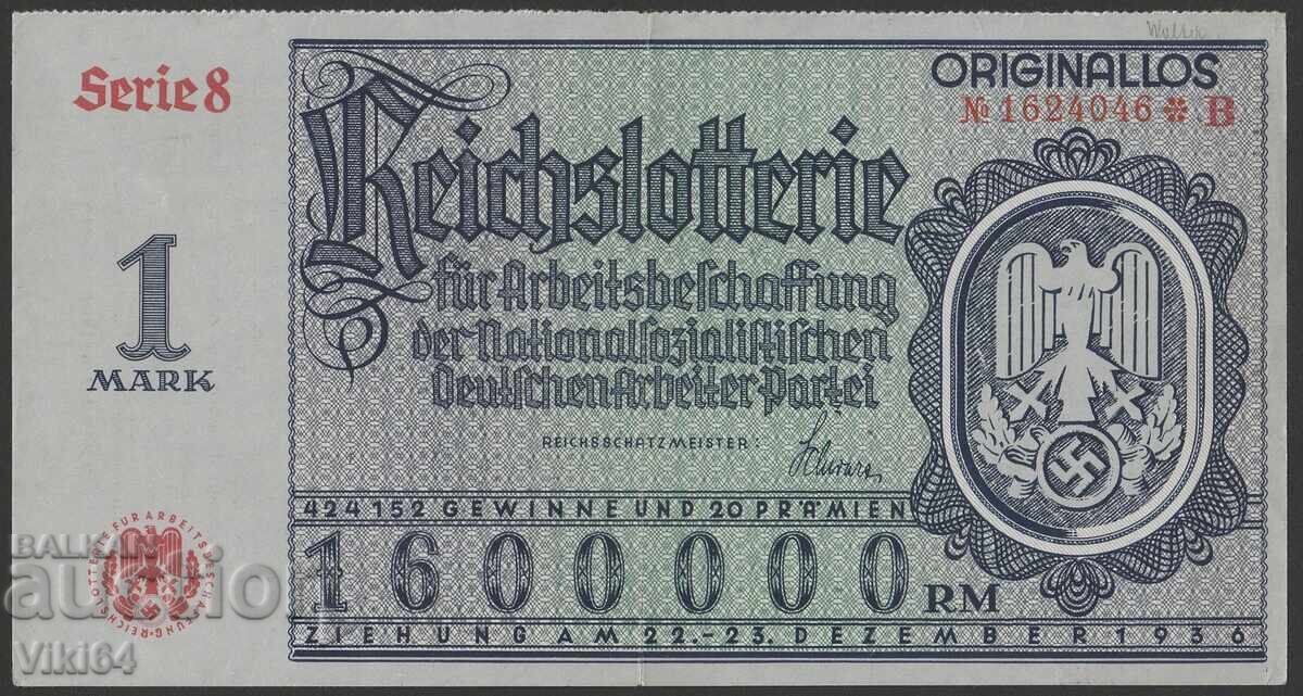 Германия Лотариен Билет 1 Марка Третия Райх 1936 г  Свастика