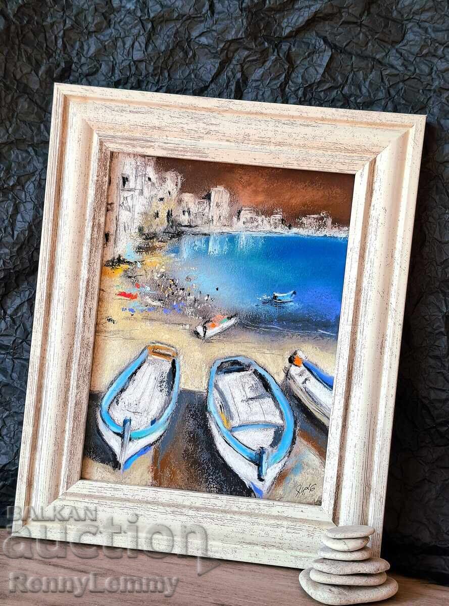 Boats, pastel painting, original with price € 45.00 | 88.01 BGN