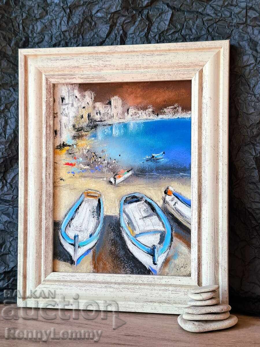 Auction  Boats, pastel painting, original