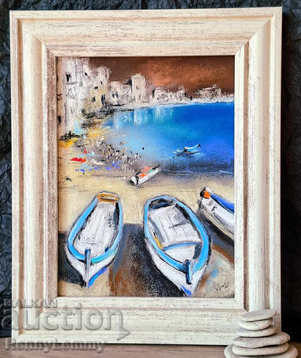 Boats, pastel painting, original
