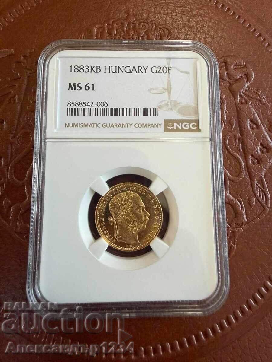 20 franci 8 forinți Ungaria 1883 MS61 (PL) NGC