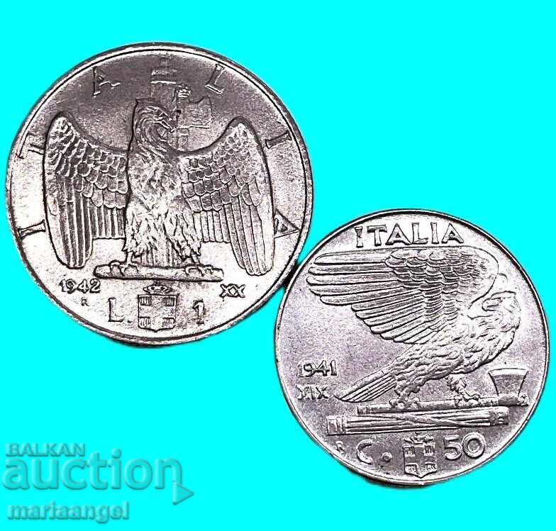 Ιταλία 1 Λίρα 1942 + 50 Τσεντέζιμι 1941 Βίκτωρ Εμμανουήλ Γ'