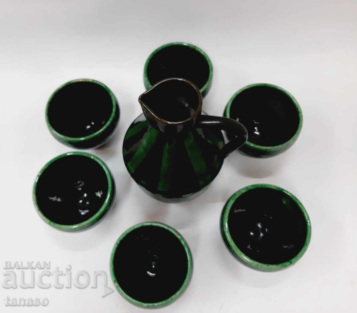 Auction  Trojan ceramic set, glazed, pitcher + 6 cups
