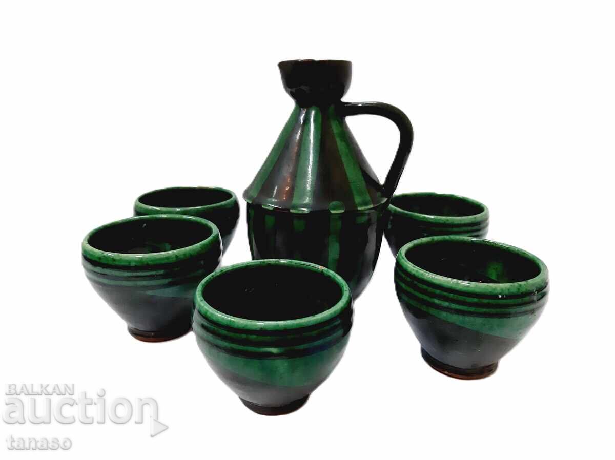 Trojan ceramic set, glazed, pitcher + 6 cups