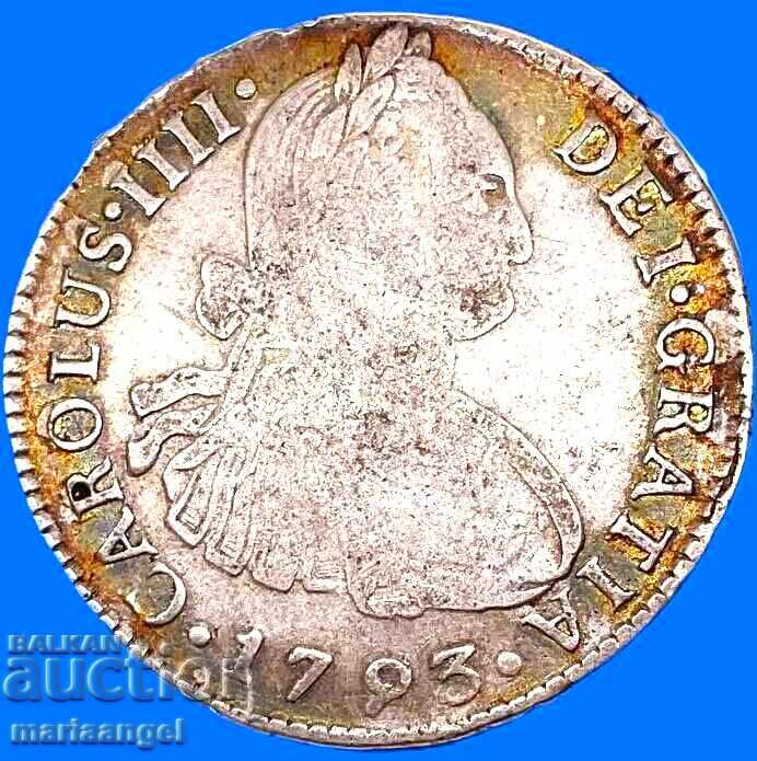 2 Reales 1793 Mexico Charles IV silver Rainbow patina