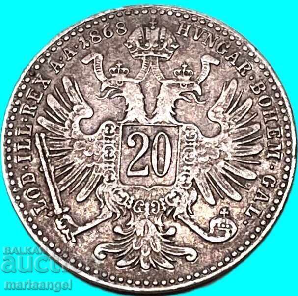 20 kreĭtseri 1868 Austria Franz Joseph argint - 5