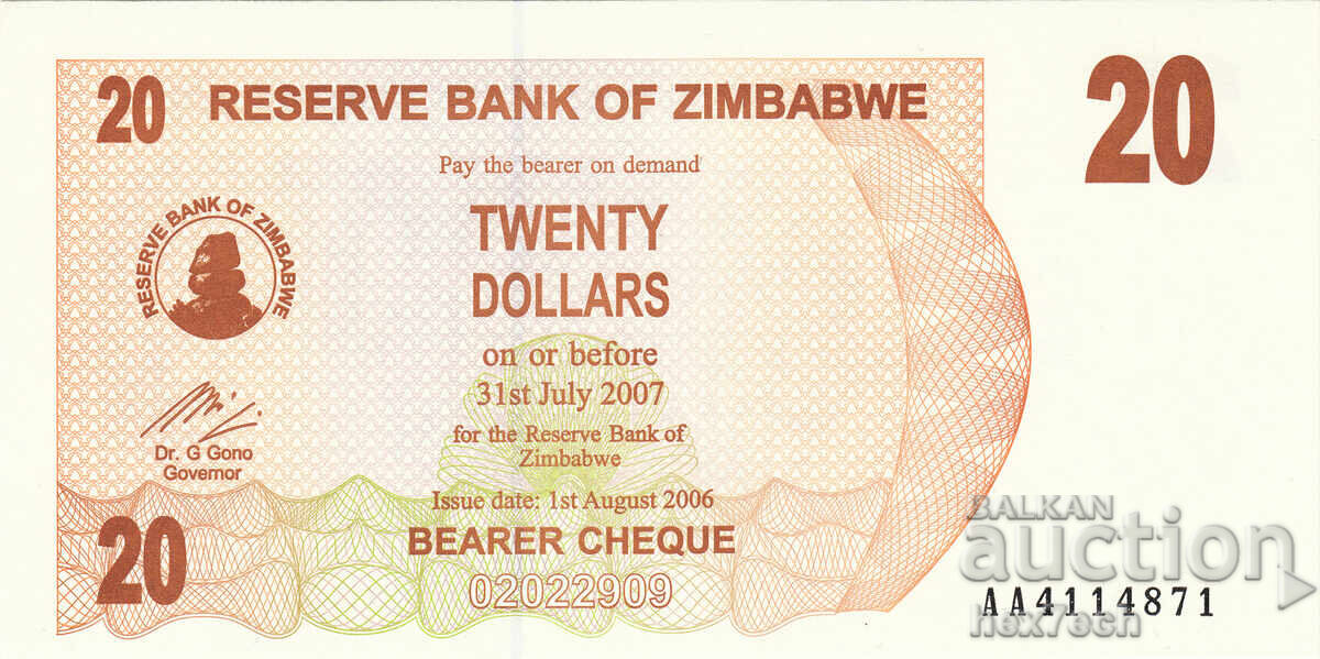 ❤️ ⭐ Zimbabwe 2006 20 dollars UNC new ⭐ ❤️ with price € 2.49 | 4.87 BGN