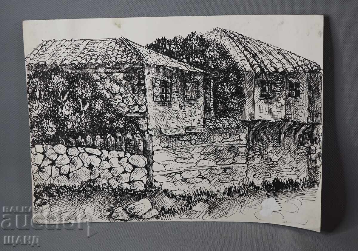 Old master ink drawing rural landscape house