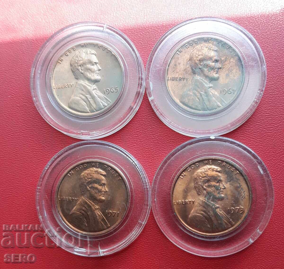 SUA-lot 4x1 cent 1965, 1967, 1971, 1973 în capsule
