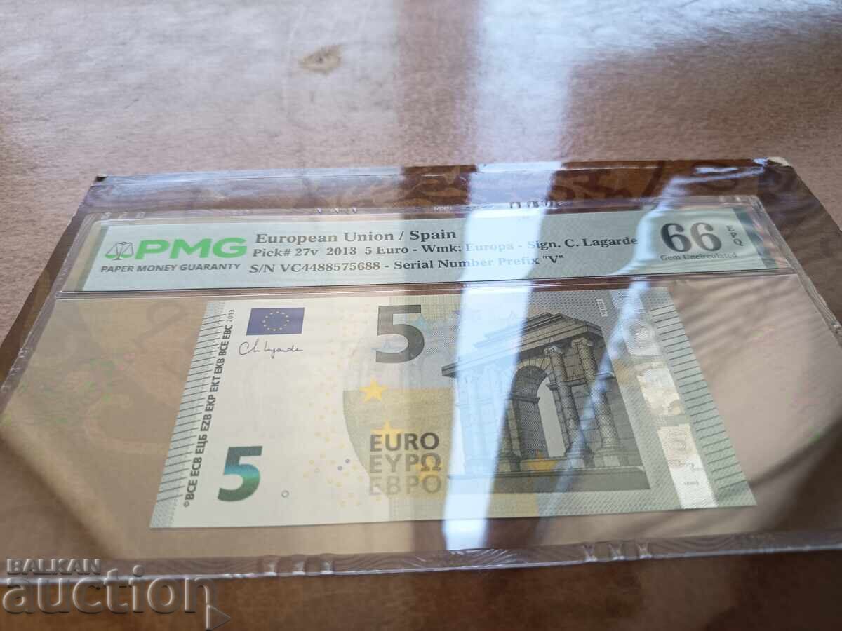 Europe, Spain 5 euro banknote from 2013 PMG UNC 66 EPQ with price € 45.00 | 88.01 BGN Europe, Spain 5 euro banknote from 2013 PMG UNC 66 EPQ with price € 45.00 | 88.01 BGN