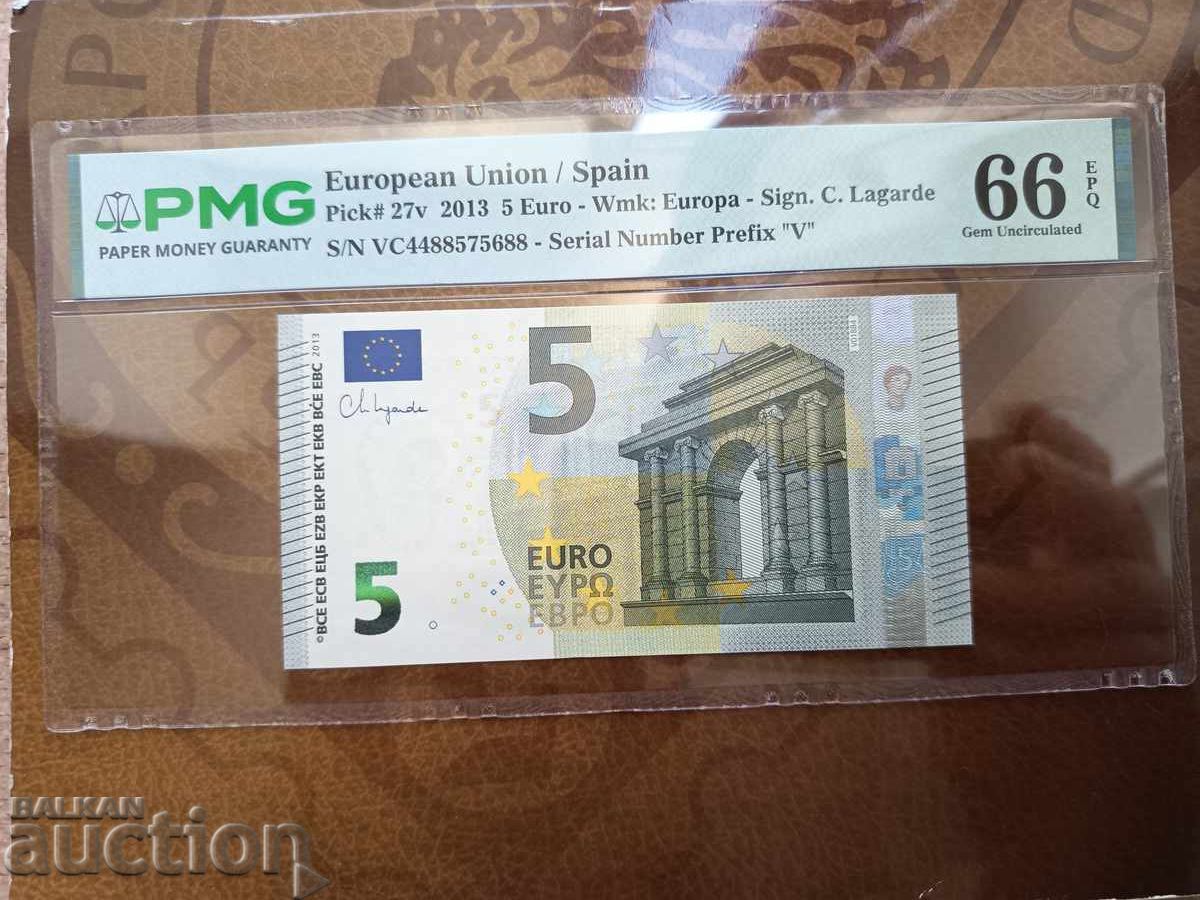 Europe, Spain 5 euro banknote from 2013 PMG UNC 66 EPQ Europe, Spain 5 euro banknote from 2013 PMG UNC 66 EPQ